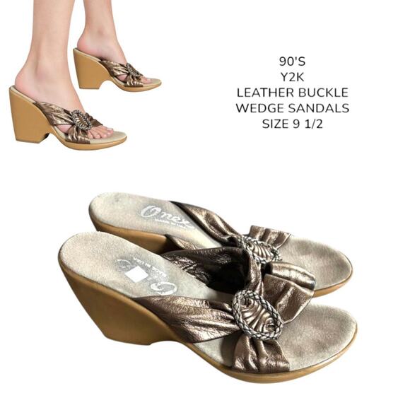 90's y2k vtg. bronze leather embellished wedge ONEX sandals heels size 9 1/2. - Picture 1 of 8